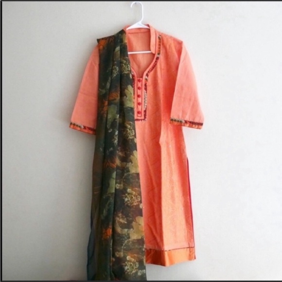 Pakistani pale Orange and green salwar kameez large shalwar Indian kurta - Picture 3 of 5